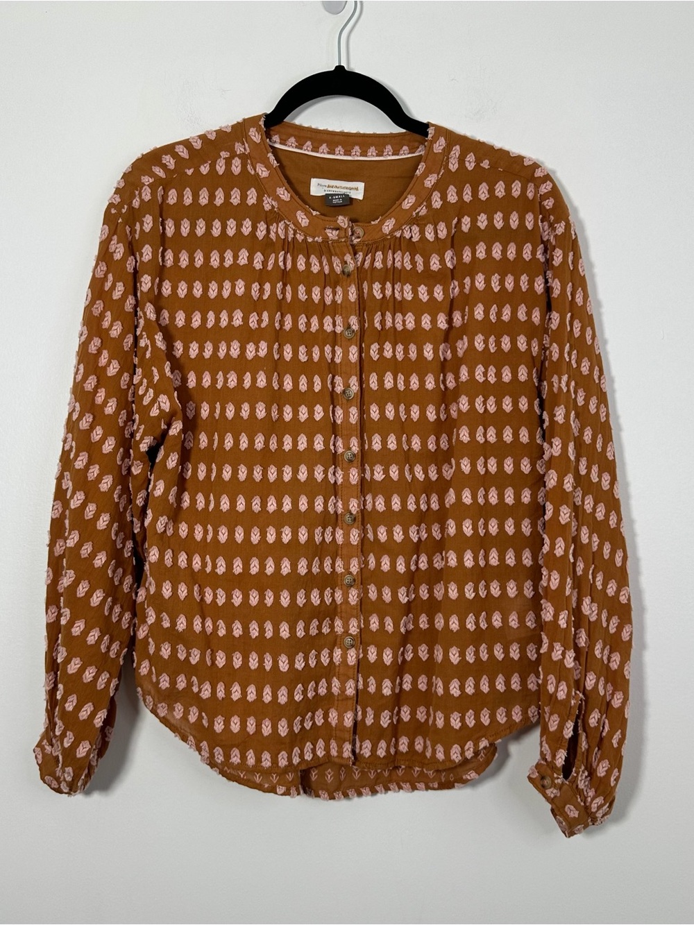 Anthropologie Pilcro XS Brown Pink Textured Embroidered Blouse 100% Cotton